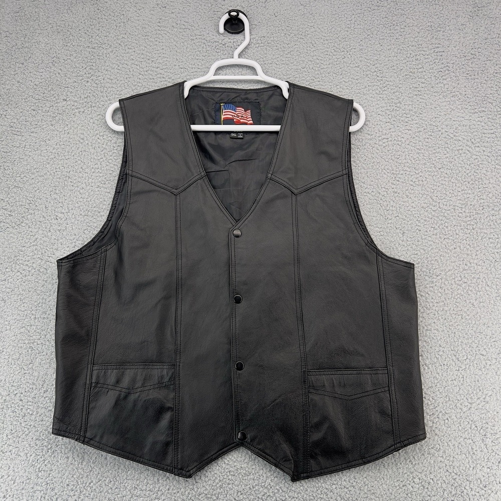 USA Leather Motorcycle Vest Men's 5XL Black Eagle Biker Snap Front Leather Vest - Picture 7 of 14